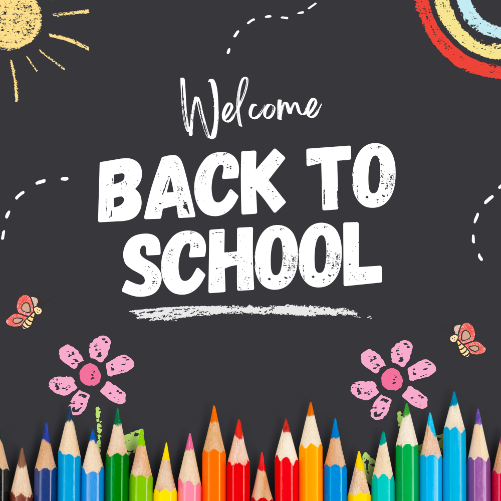 Chalkboard that says Welcome Back to School with colored pencils across the bottom